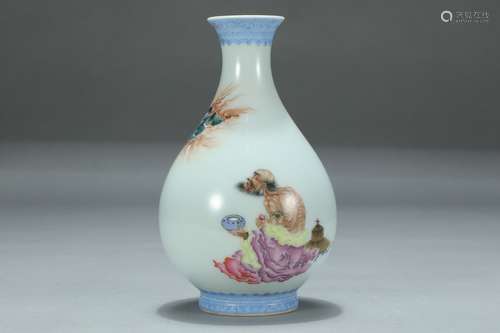 Famille Rose Arhat Figure Yuhuchunping Vase, Qianlong-Nianzhi Mark