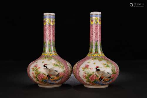 Pair of Glazed Enameled Floral and Bird Vases