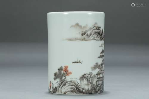 Grisaille Painting Alum Red Landscape Pattern Brush Pot, Chenghuaiyuan Mark