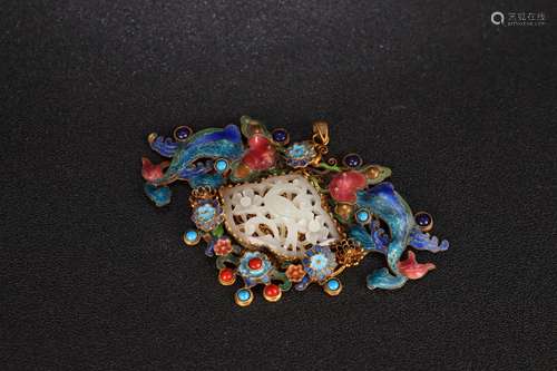 Gilt Silver Enameling Blue Embeded Floral and Bird Jade Pendant