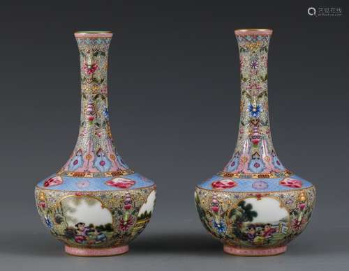 Pair of Enameled Figure Floral Vases