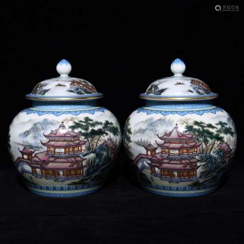 Famille Rose Landscape Patten Porcelain Jars