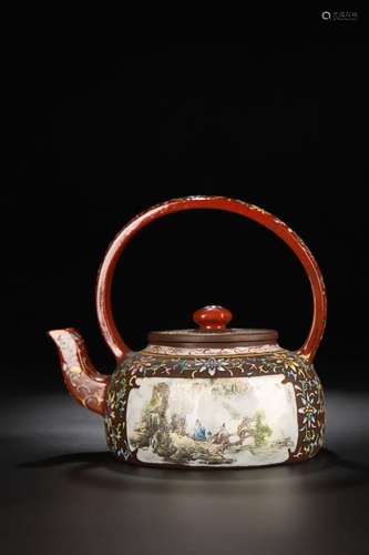 Zisha Enameled Landscape Figure Teapot