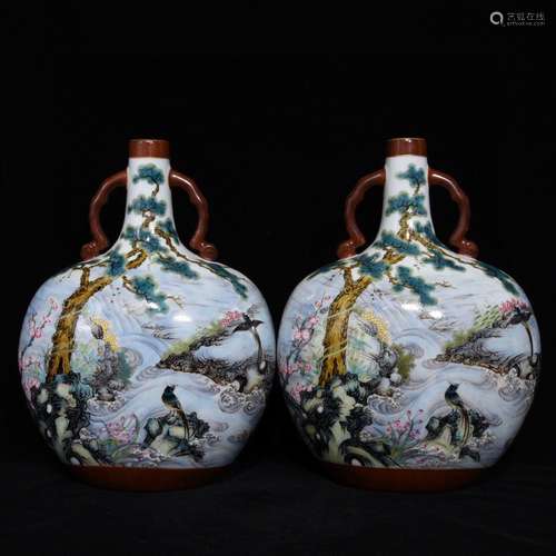 Enameled Floral and Bird Pattern Oblate Vases