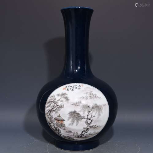 Teal-Blue Glazed Grisaille Painting Landscape Vase