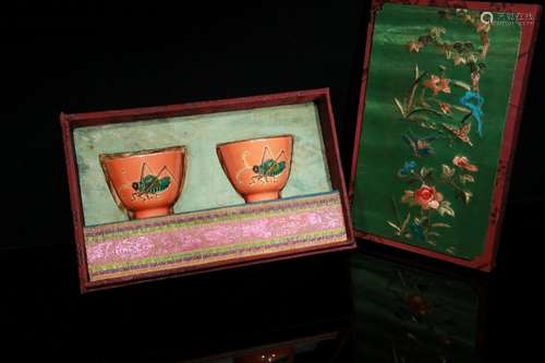 Pair of Coral Glazed Teacups