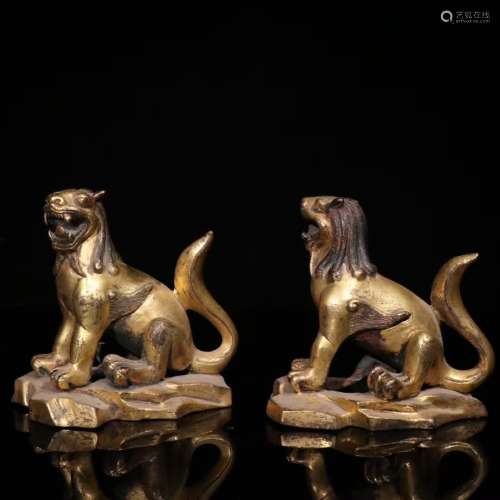 Pair of Gilt Bronze Beast Ornaments