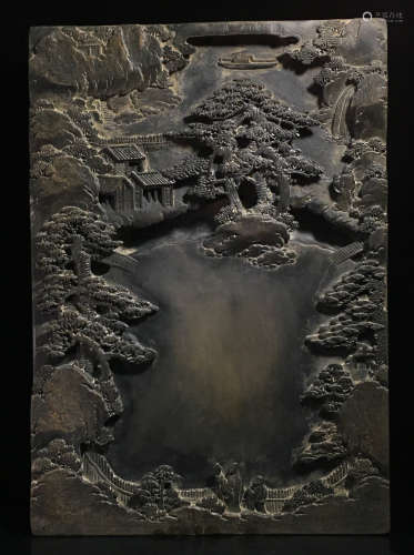 AN INK SLAB CARVED WITH LANDSCAPE&POETRY