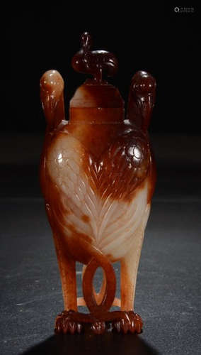 VAN ANTIQUE JADE VASE CARVED WITH CRANE