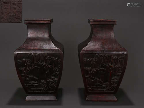 PAIR OF CHENXIANG WOOD VASE CARVED WITH LANDSCAPE