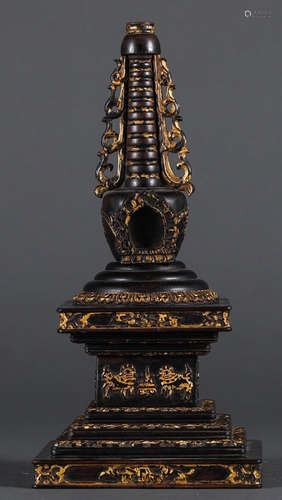 A ZITAN WOOD PAGODA OUTLINE IN GOLD