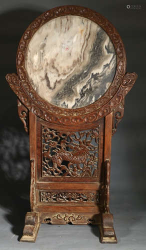 A HUALI WOOD SCREEN EMBEDDED WITH MARBLE