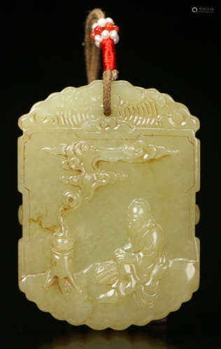 A HETIAN YELLOW JADE TABLET CARVED WITH FIGURE