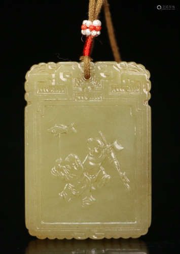 A HETIAN YELLOW JADE TABLET CARVED WITH FIGURE&POETRY