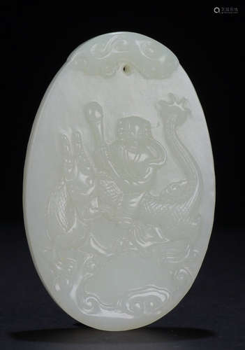 A HETIAN WHITE JADE TABLET CARVED WITH FIGURE