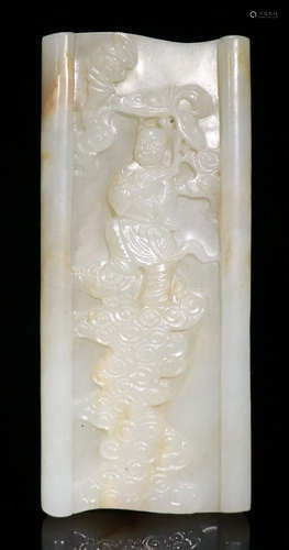 A HETIAN JADE ARM REST CARVED WITH FIGURE