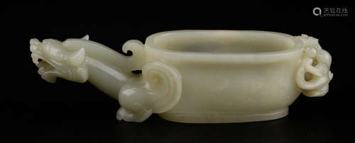 A HETIAN GREEN JADE BRUSH WASHER CARVED WITH BEAST