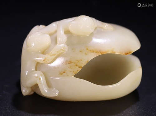 A HETIAN JADE BRUSH WASHER CARVED WITH MONKEY