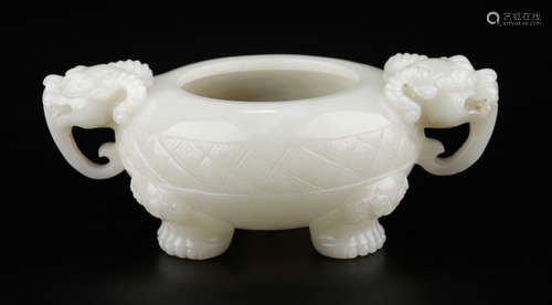 A HETIAN WHITE JADE CENSER WITH BEAST EARS