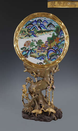 A CLOISONNE SCREEN PAINTED WITH LANDSCAPE