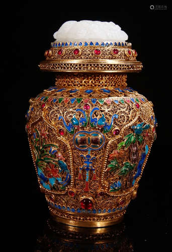 A GILT SILVER JAR EMBEDDED WITH GEM&HETIAN JADE