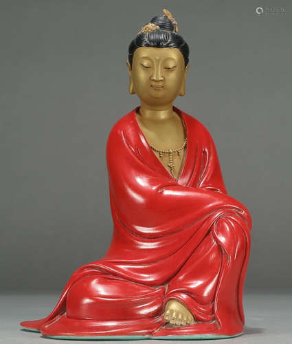 A RED&GOLDEN GLAZE GUANYIN BUDDHA STATUE