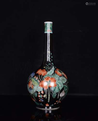 A Porcelain Black Glazed Wucai Long-Neck Vase