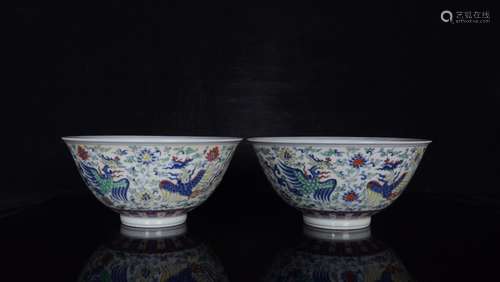 Pair Of Porcelain Wucai Bowls