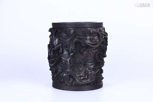 A Rosewood Dragon Pattern Brush Pot