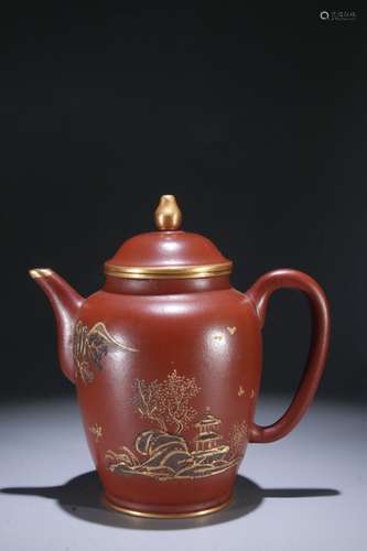 A Zisha Teapot With Gold Painting