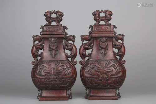 Pair Of Agarwood Dragon Carving Vases