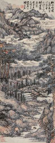 髡 残(1612-1692) 松风鸣泉 设色纸本 立轴 1663年作