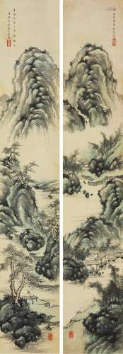 尚小云（1900-1976）山水二屏 设色纸本 立轴 作于1934年