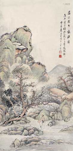 袁培基(1870-1943) 抚杖听秋 设色纸本 立轴 1930年作