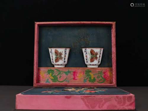 Pair Of White Porcelain Famille Rose Tea Cups