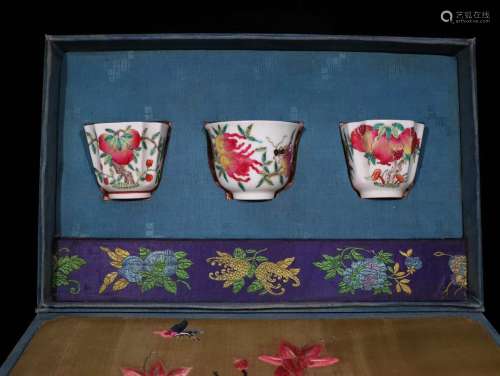 Set Of White Porcelain Famiile Rose Tea Cups