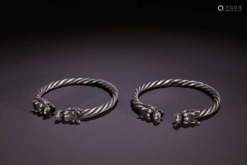 Pair Of Silver Dragon Carved Bangles