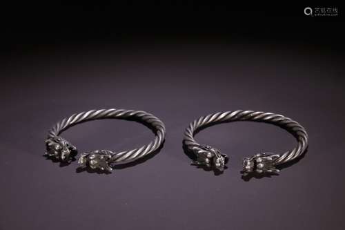 Pair Of Silver Dragon Carved Bangles