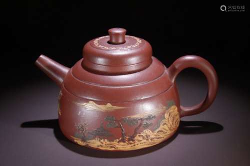 A Zisha Teapot With Landscape Painting