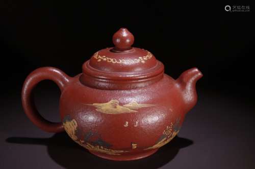 A Zisha Teapot With Landscape Pattern