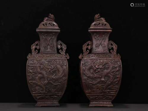 Pair Of Agarwood Dragon Carved Vases