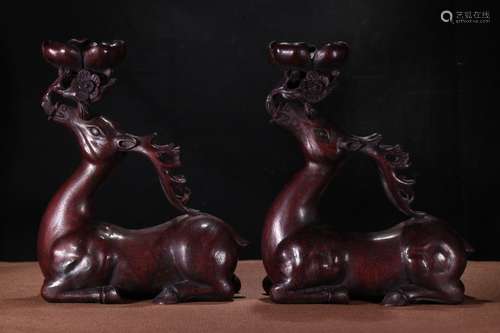 Pair Of Agarwood Deer Ornaments