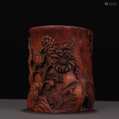 An Agarwood Floral Brush Pot