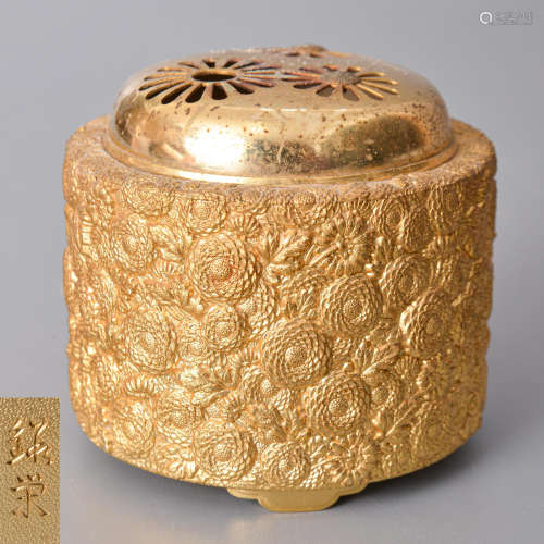 銅鎏金菊紋香爐
