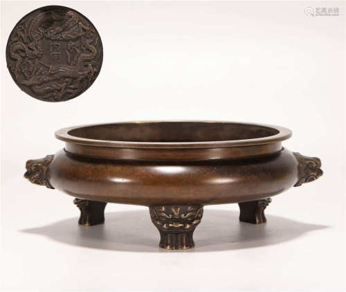 Copper two Beast Ear Three Footed Censer from Qing清代铜质双兽耳三足香炉