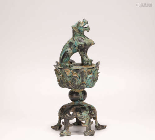 Bronze Incense Lamp with Beast Head from Tang唐代青銅獸首熏爐