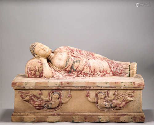 Stone with Colored Sleeping Buddha Statue from Liao遼代石頭加彩飛天臥佛