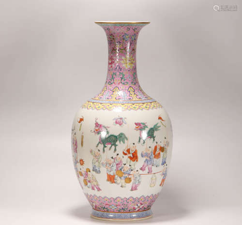 Pink Glazed Spring Vase from Qing清代粉彩百子鬧春瓶
