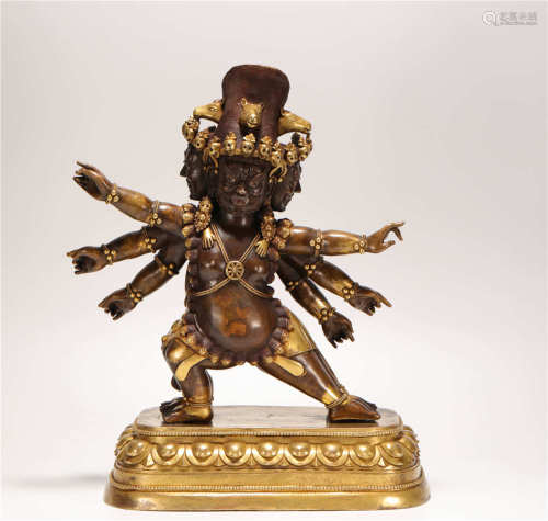 Copper and Golden Three Head and Six Arm Buddha Statue from Qing清代銅鎏金三頭六臂大黑天造像