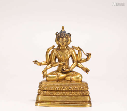 Copper and Golden Eight Arms Tara Statue from Qing清代銅鎏金三頭八臂度母造像